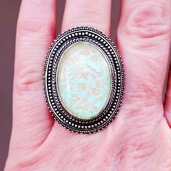 New Huge Dichroic Glass 925 Silver Statement Ring. - Picture 1 of 14
